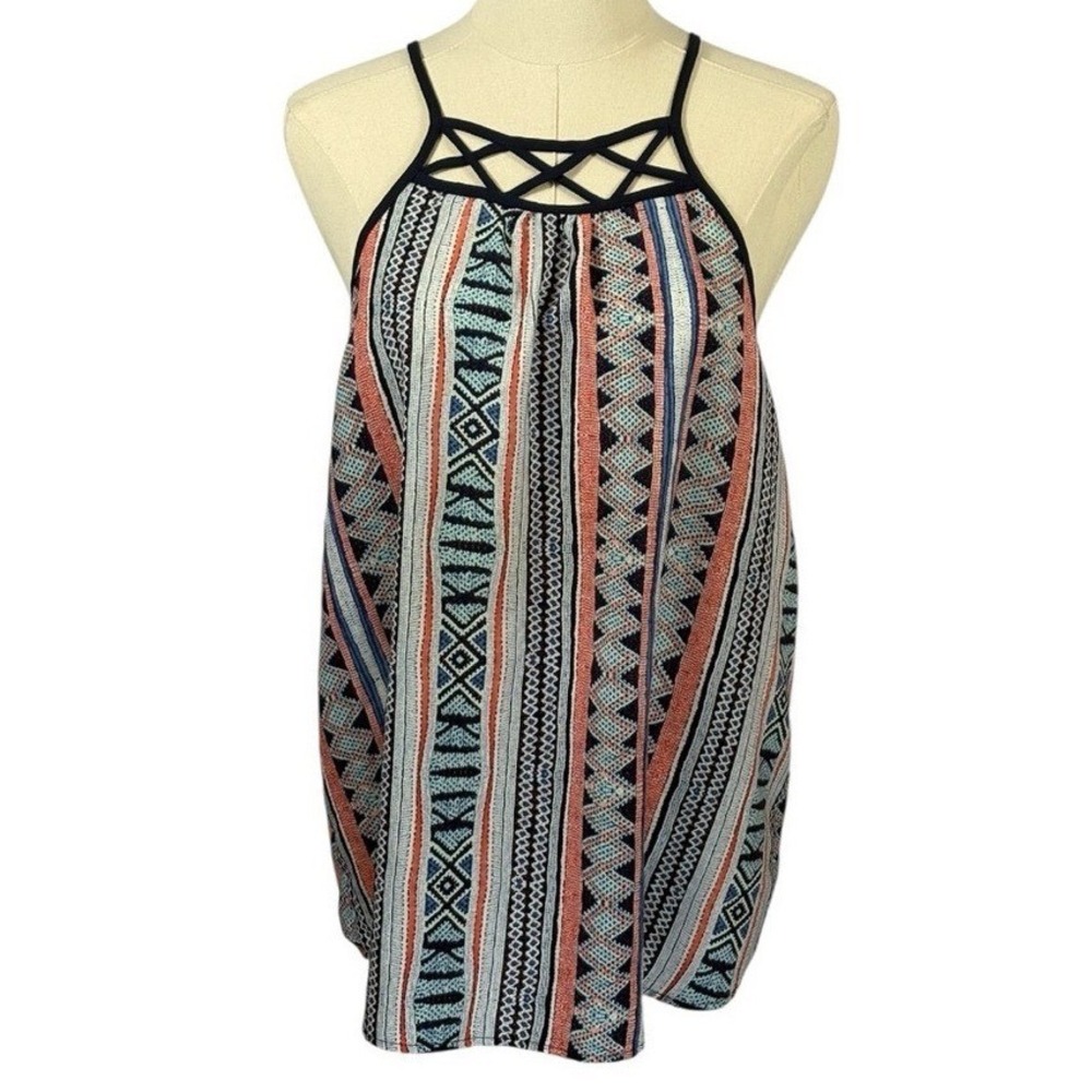 Monteau Blue, Orange, & White Geometric‎ Print Tank Top (Size XL)